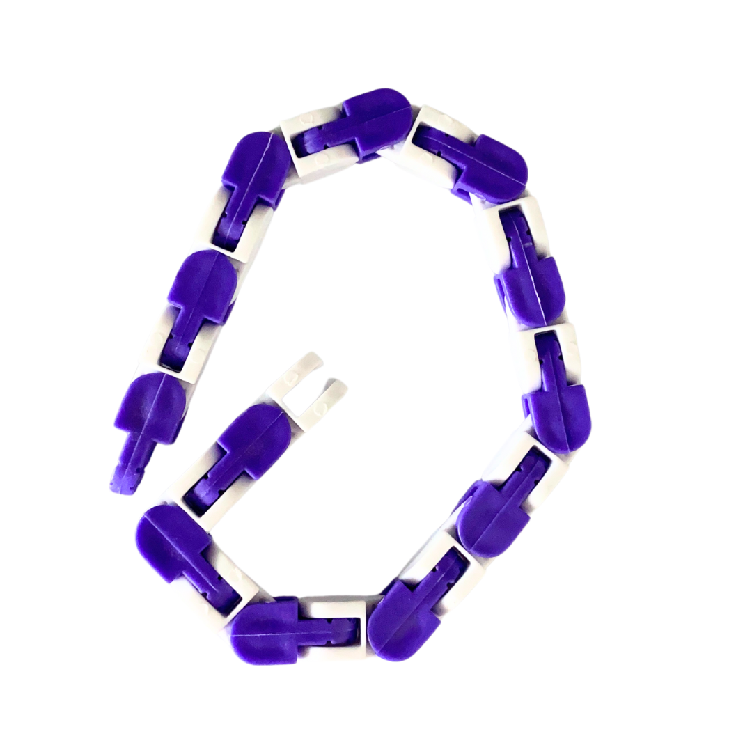 An adjustable, interlocking purple and white Snap and Click Fidget Toy is arranged in a loose loop against a white background. This stim toy for autistic adults consists of individual segments that can rotate, allowing for various configurations.