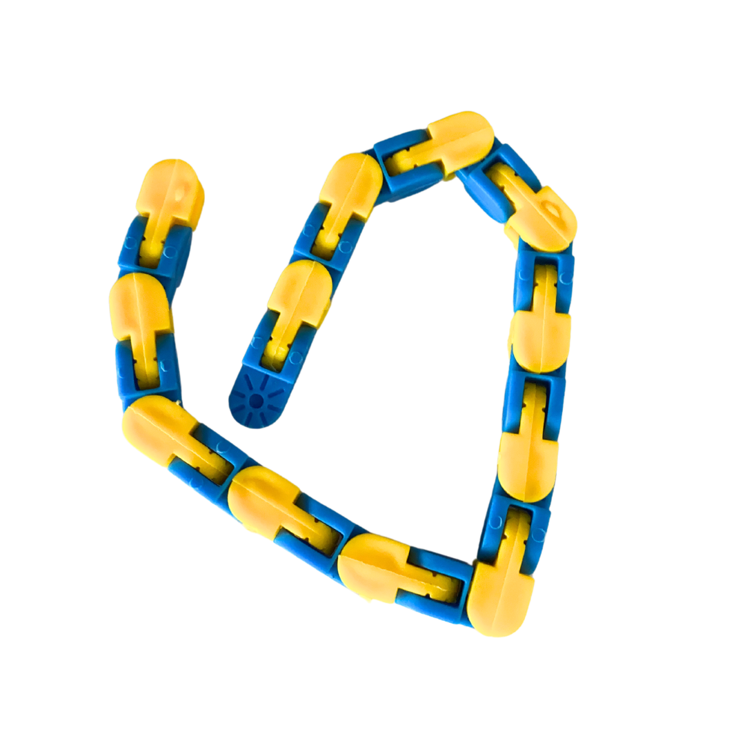 The Snap and Click Fidget Toy is crafted from interconnected blue and yellow plastic links arranged in a loose loop. These links can be twisted and turned to create various shapes, making it an engaging stim toy for autistic adults.