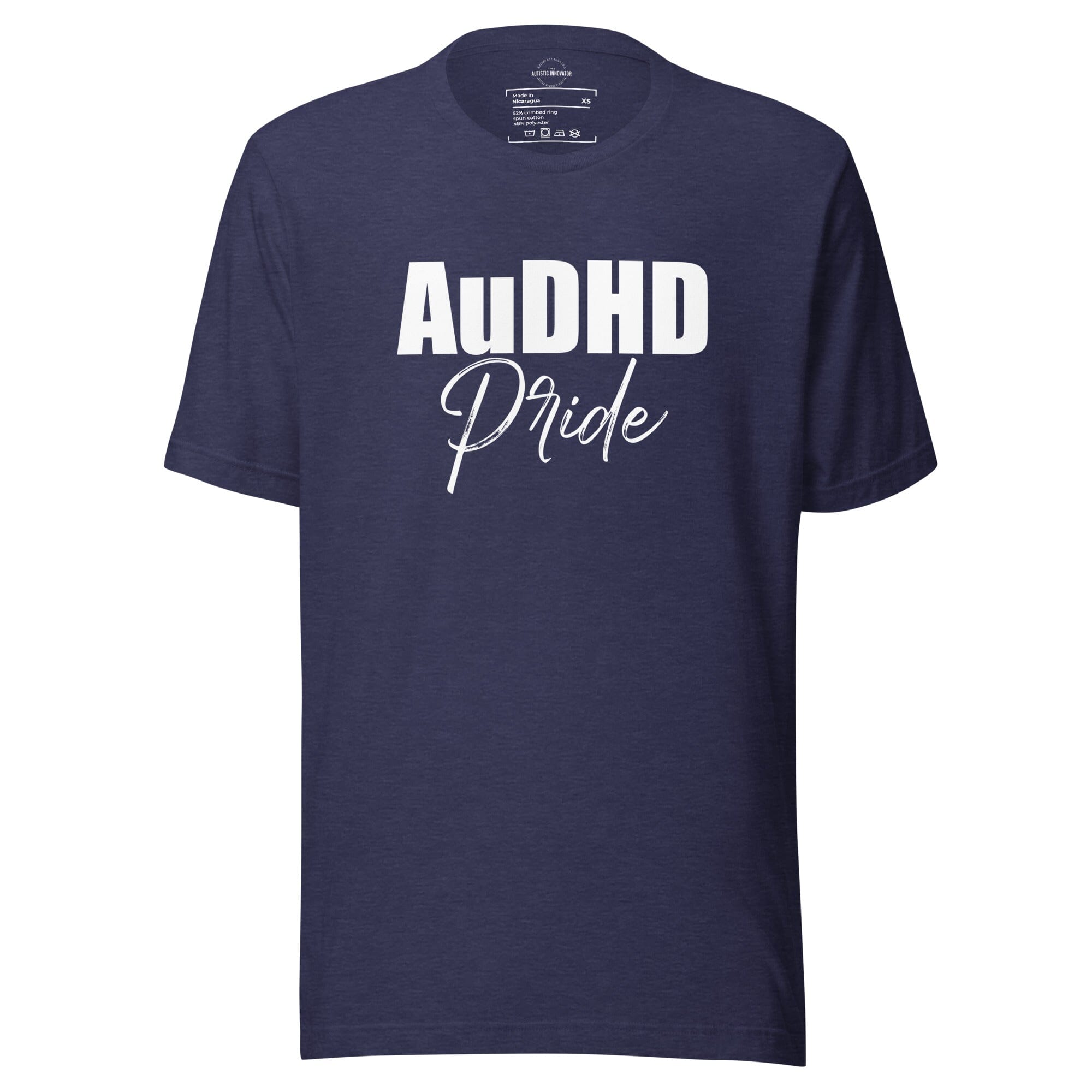 AuDHD Pride Unisex t-shirt The Autistic Innovator Heather Midnight Navy XS 