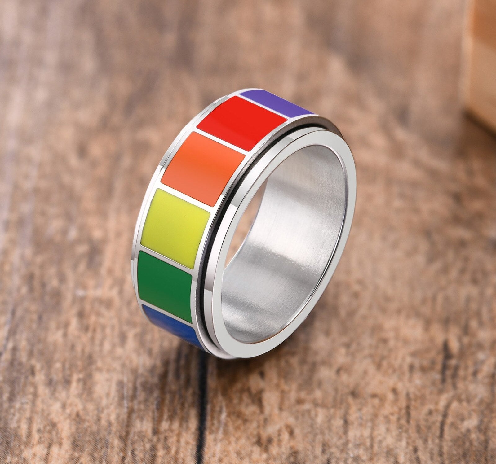 Vnox Rock Spinner Rainbow Color Wedding Rings for Men Women,Stainless Steel Metal 2 Layers Bands, 8MM Wide US Size,LGBTQ Jewelry 0 The Autistic Innovator 7 Silver 