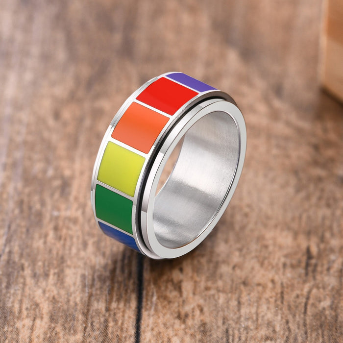 Vnox Rock Spinner Rainbow Color Wedding Rings for Men Women,Stainless Steel Metal 2 Layers Bands, 8MM Wide US Size,LGBTQ Jewelry 0 The Autistic Innovator 7 Silver 