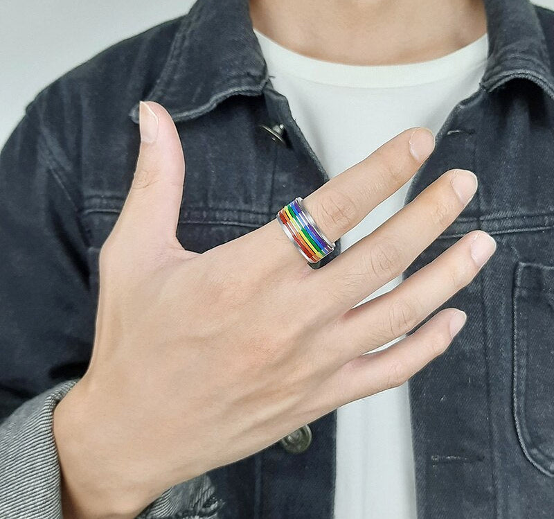 Vnox 8mm Spinner Stress Release Ring for Men Enamel Rainbow Lines Finger Band Casual Pride LGBTQ Jewelry 0 The Autistic Innovator 